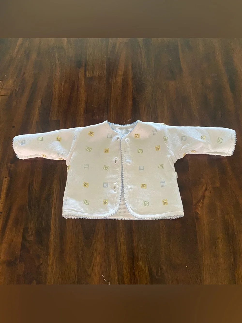 Ralph Lauren White Baby Waffle Knit Cardigan with Light Blue Trim